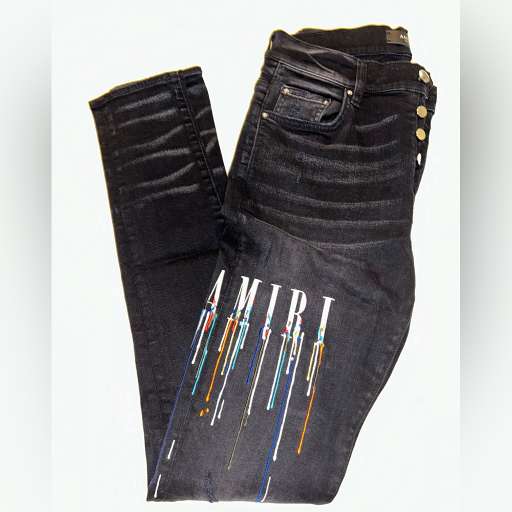 NEVER WORN AMIRI PAINT DRIP LOGO DENIM IN AGED BLACK. BEAUTIFUL!!